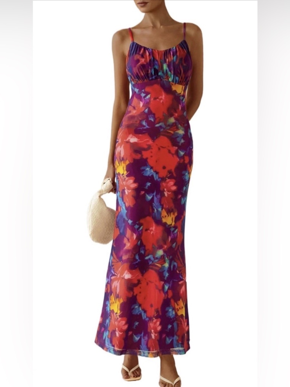 PrettyGarden Floral Bodycon Maxi Dress Scoop Neck Strappy Sleeveless Red L